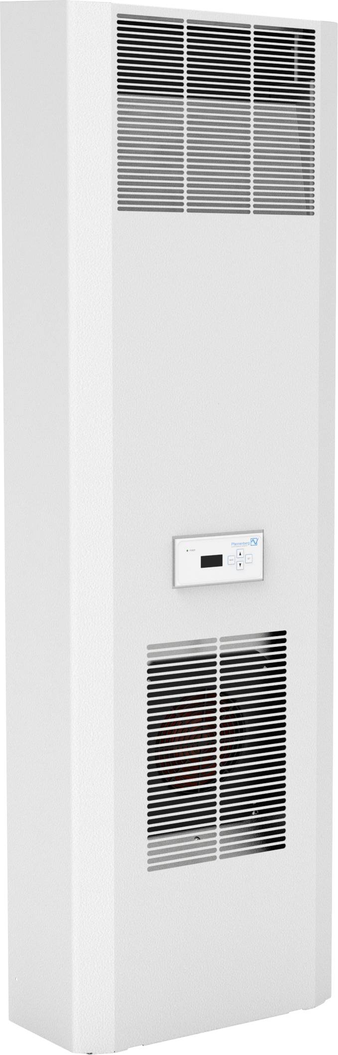 White, rectangular air conditioning unit mounted on a wall, with ventilation grilles at the top and bottom and a control panel in the middle.