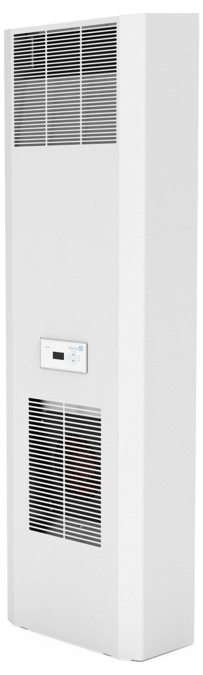 White, upright gas heater with ventilation grilles at the top and bottom, temperature control and small display in the centre.