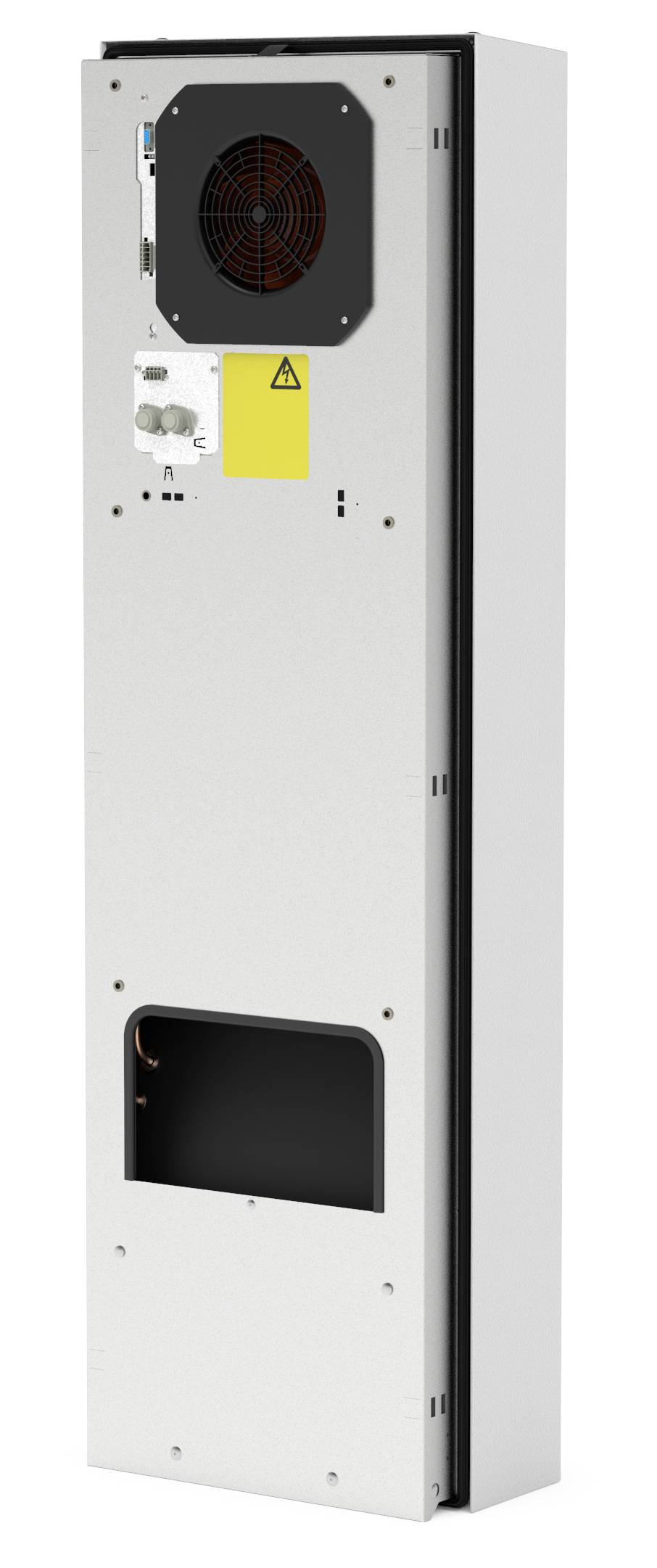 A rectangular grey control cabinet with a fan at the top, a yellow warning symbol beneath it, and an open compartment at the bottom.