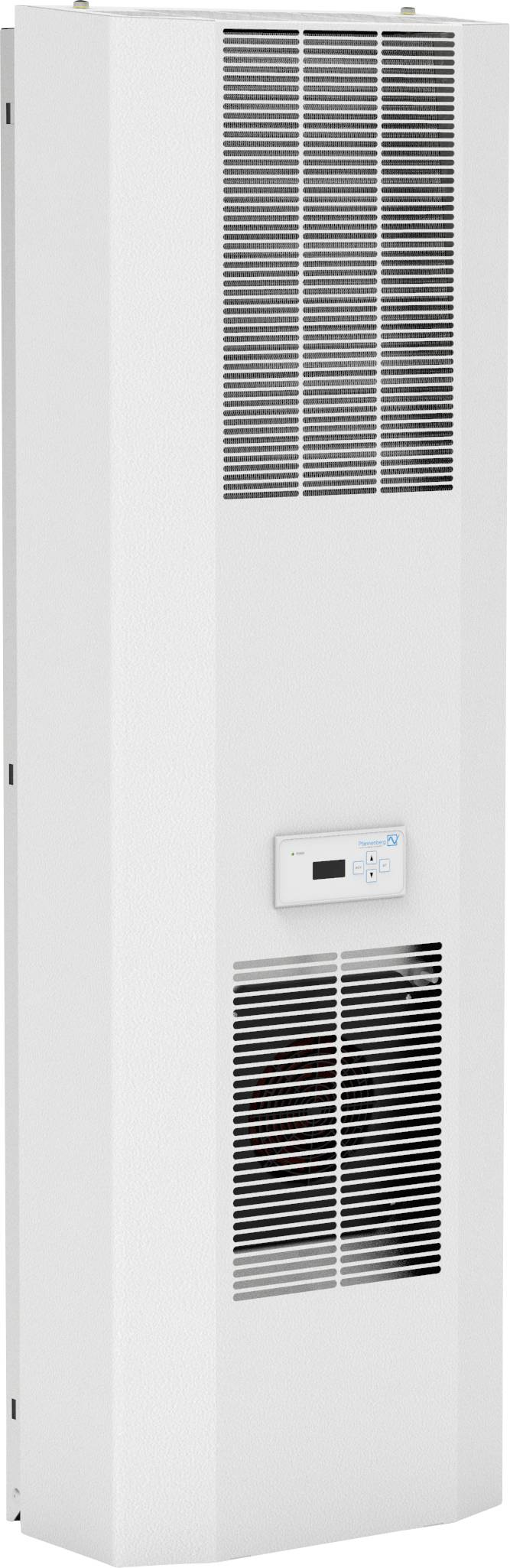 White, wall-mounted gas heater with two ventilation grilles and a central control panel. Suitable for heating interior spaces.