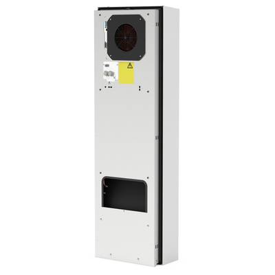 Air conditioning unit in a rectangular metal casing, with a black fan on top and a yellow warning symbol underneath.