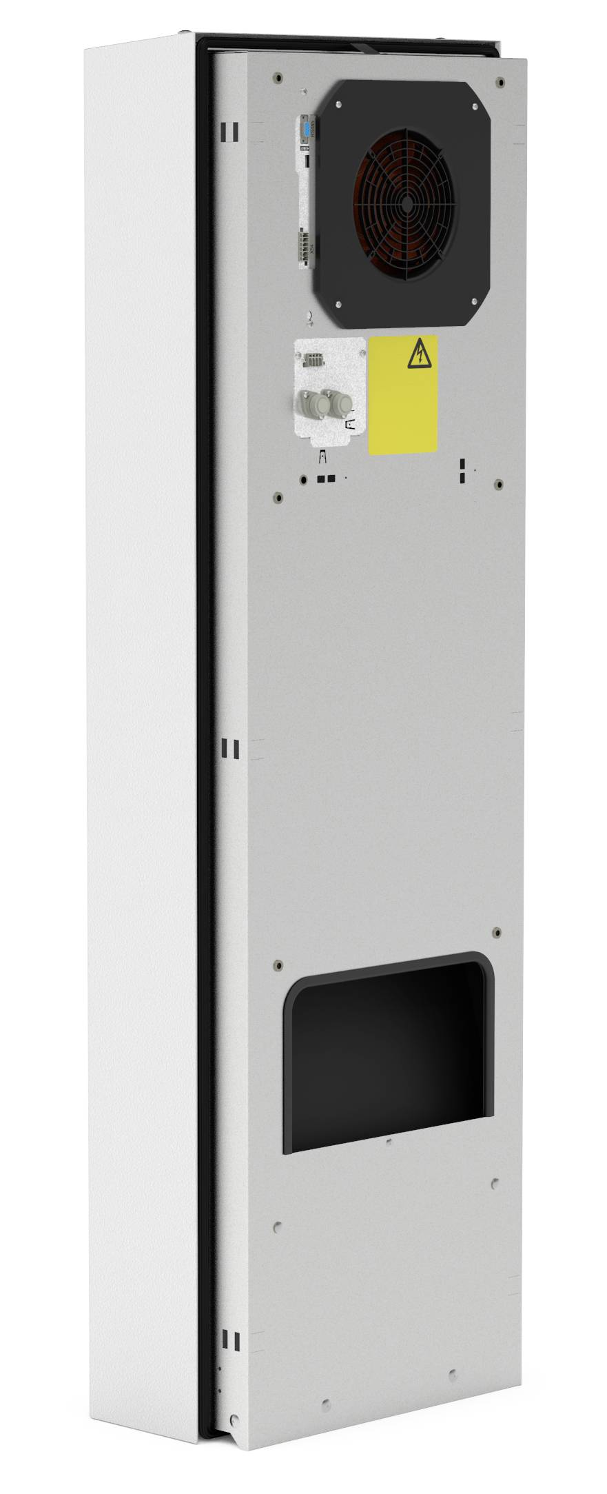 A white cabinet air conditioning unit with ventilation unit and control switch, suitable for cooling electronic control cabinets.