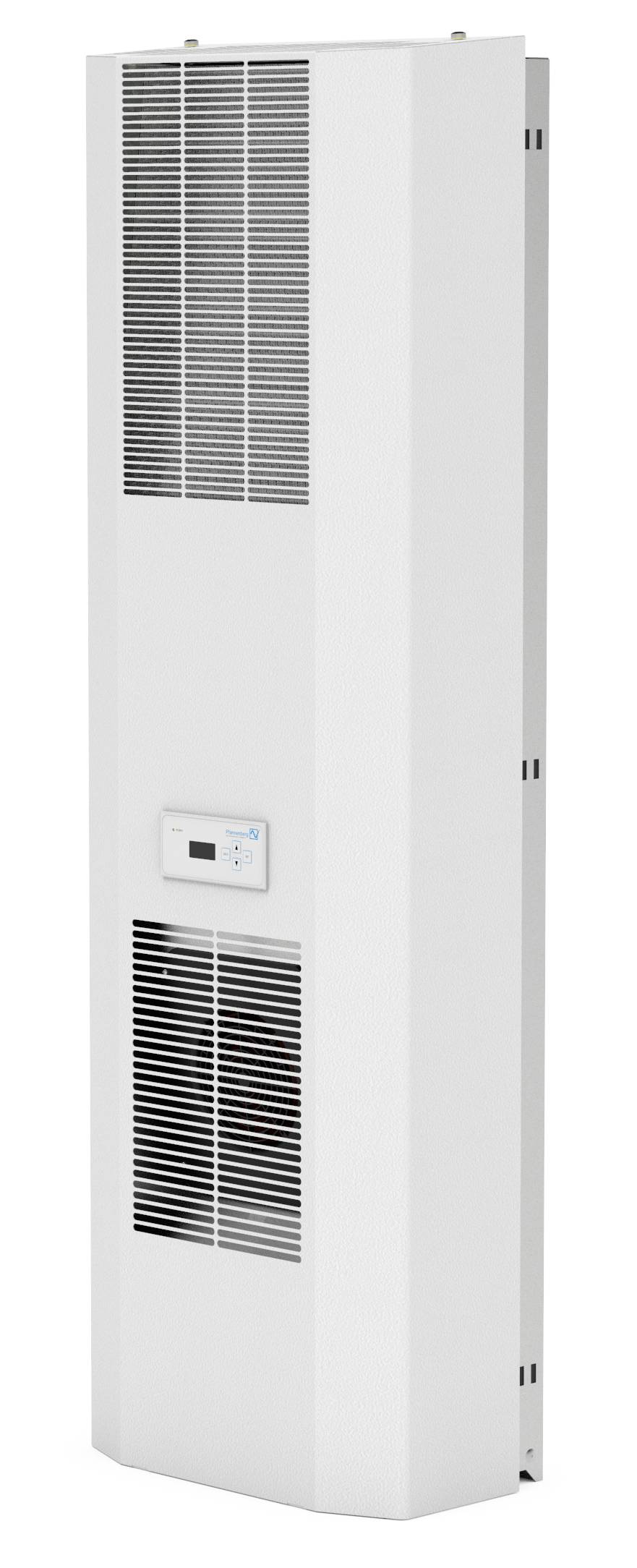 White wall-mounted heater with two ventilation grilles and a digital thermostat in the centre.