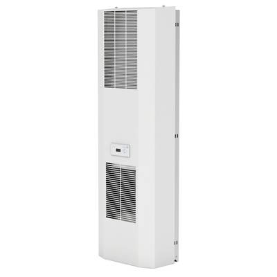 White wall-mounted heater with two ventilation grilles and a digital thermostat in the centre.