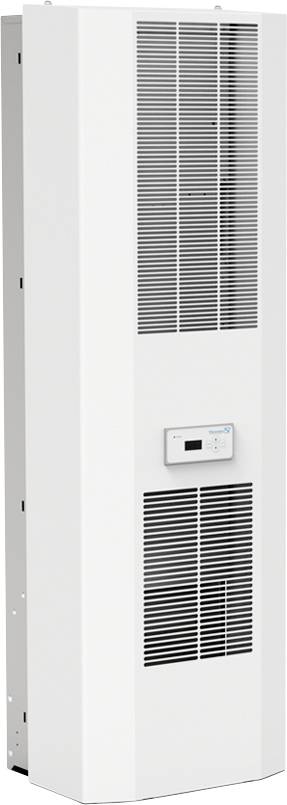 A white wall-mounted radiator with an integrated thermostat display, featuring vertical ventilation slots at the top and bottom for room heating.