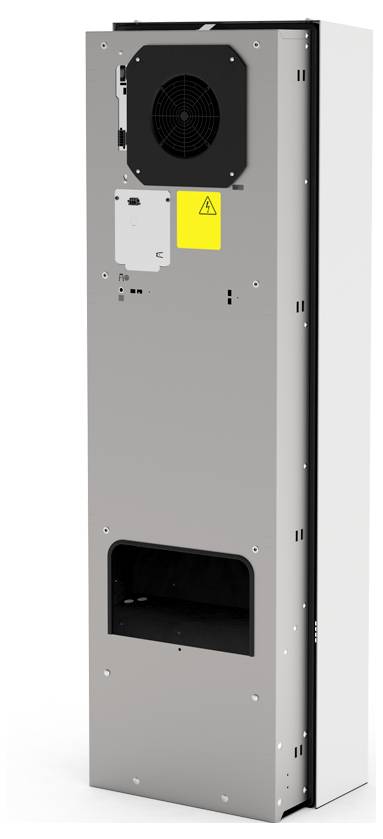 Grey metallic device with a black fan on top and a yellow warning sign. Rectangular in shape, likely a cooling or ventilation unit.