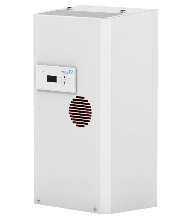 A white, rectangular electronic device with a display and a ventilation opening. It stands vertically and has a minimalist design.