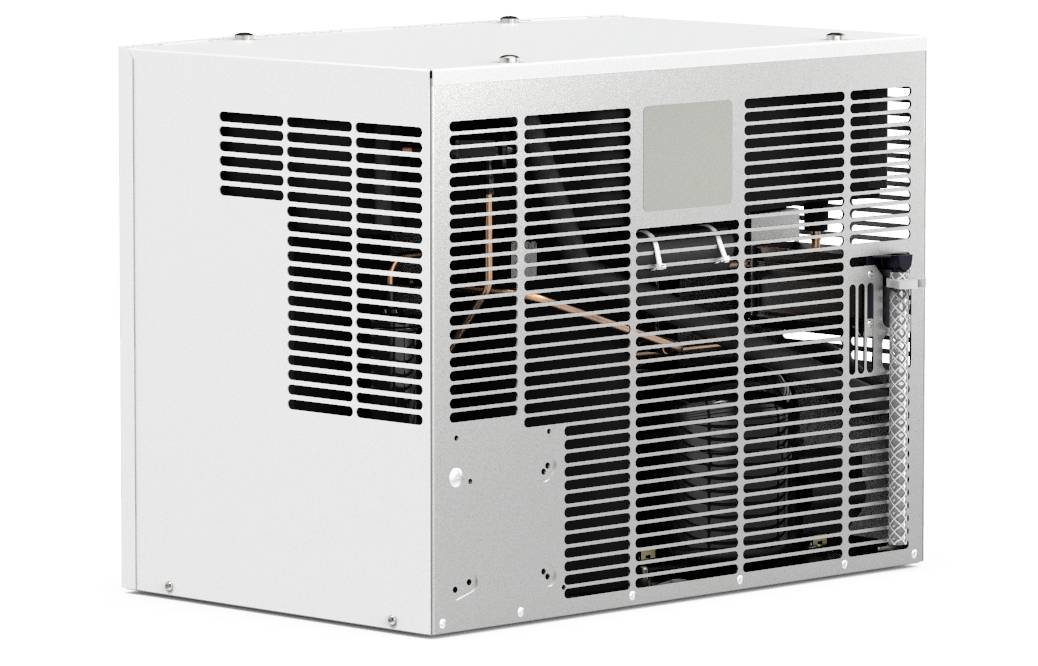 A white air conditioning unit with ventilation grilles and visible copper pipes on the right side, designed for cooling interior spaces.