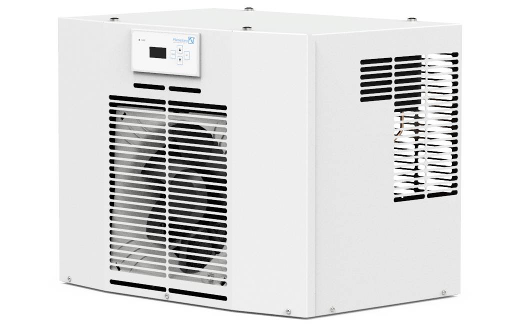 White, rectangular industrial air conditioning unit with ventilation grilles and a control panel on the front.
