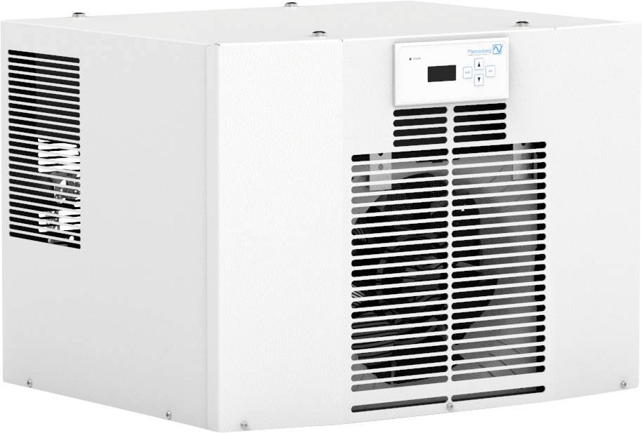 Air conditioning unit with ventilation grille and control unit, white casing, suitable for cooling or ventilating interior spaces.