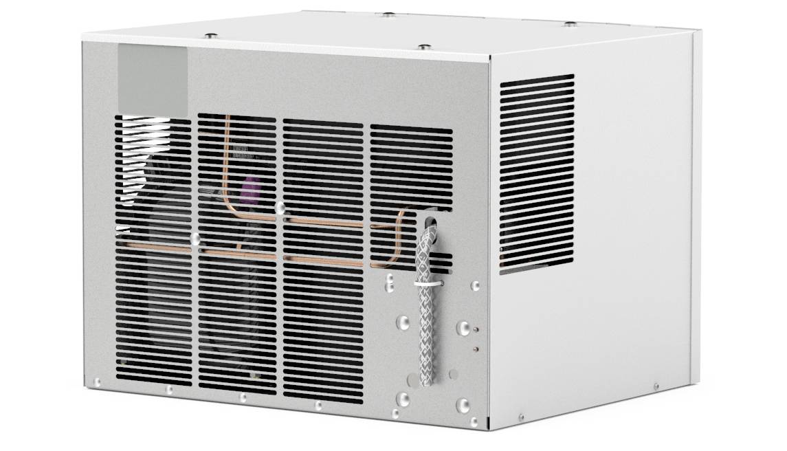 Silver, rectangular metal box with black ventilation slits on two sides and a braided cord on the front.