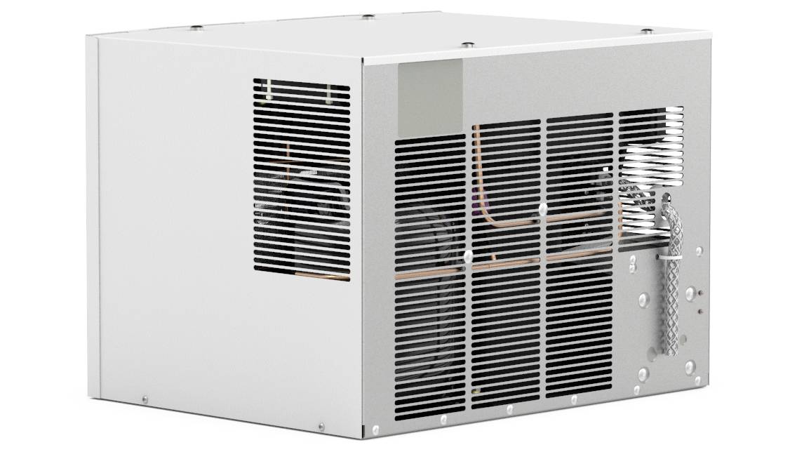 A silver cooling unit for industrial applications, with ventilation slots on the sides for cooling and air circulation.