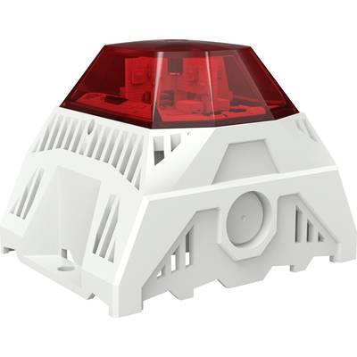 A white fire alarm with a red alarm light. The housing has ventilation slots and a red, transparent top cover.