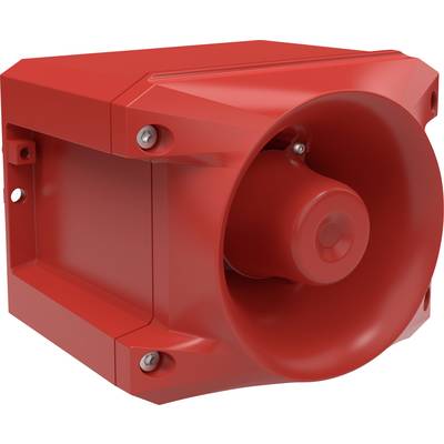 Red, square alarm signalling device with a speaker, commonly used in security systems.