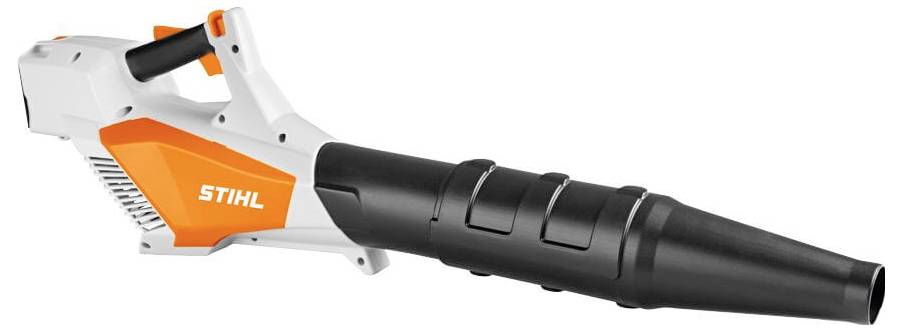 An orange and white leaf blower with a black exhaust pipe. Branded with the manufacturer name 'STIHL'.