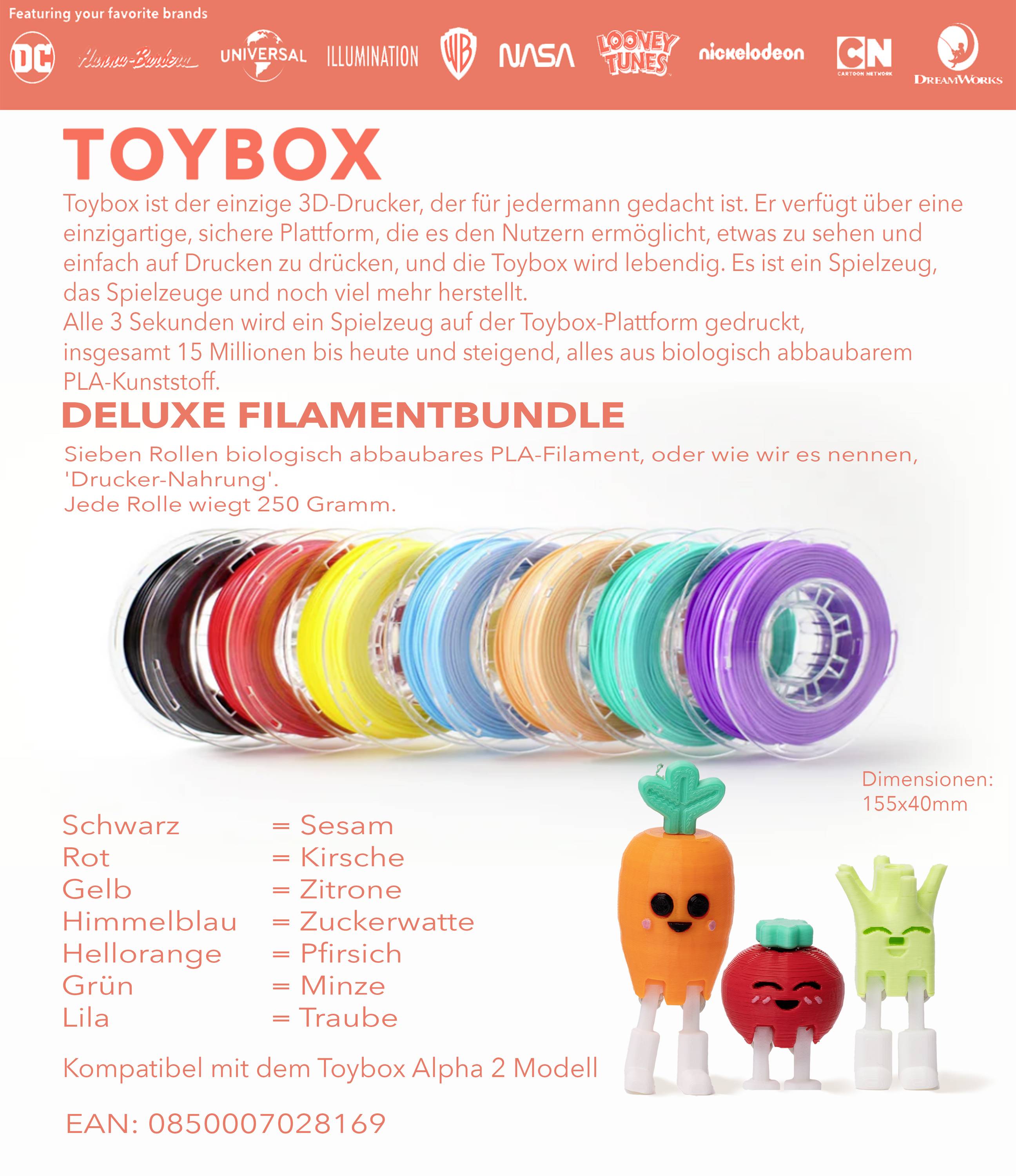 Advertisement for Toybox 3D Printer: Offers 12 colours of PLA filaments in 250g reels. Compatible with Toybox Alpha 2 Model.