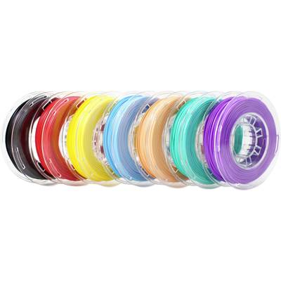Eight spools of 3D printer filament in various colours: Black, Red, Yellow, Green, Blue, Orange, Turquoise and Purple.