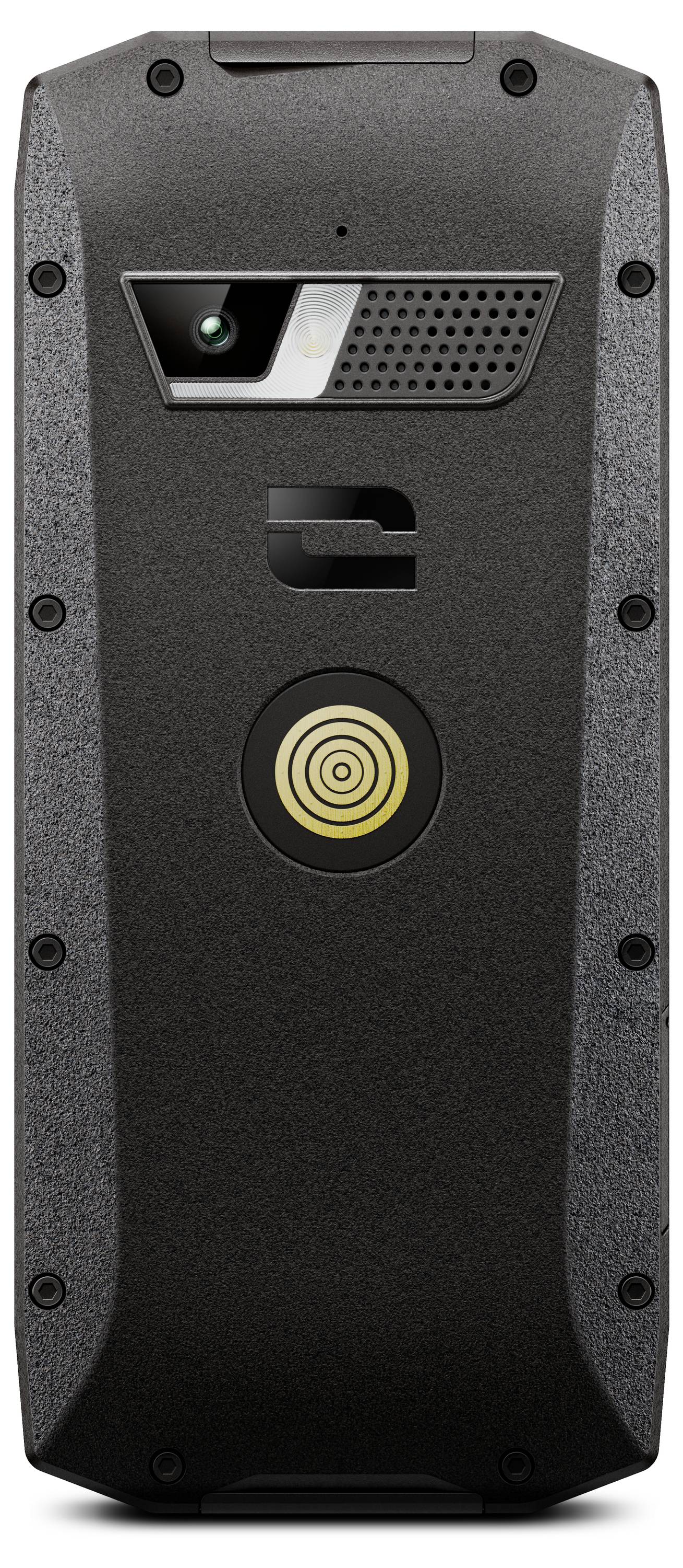A robust smartphone with a camera and a round, yellow design element on the back. Suitable for outdoor use.