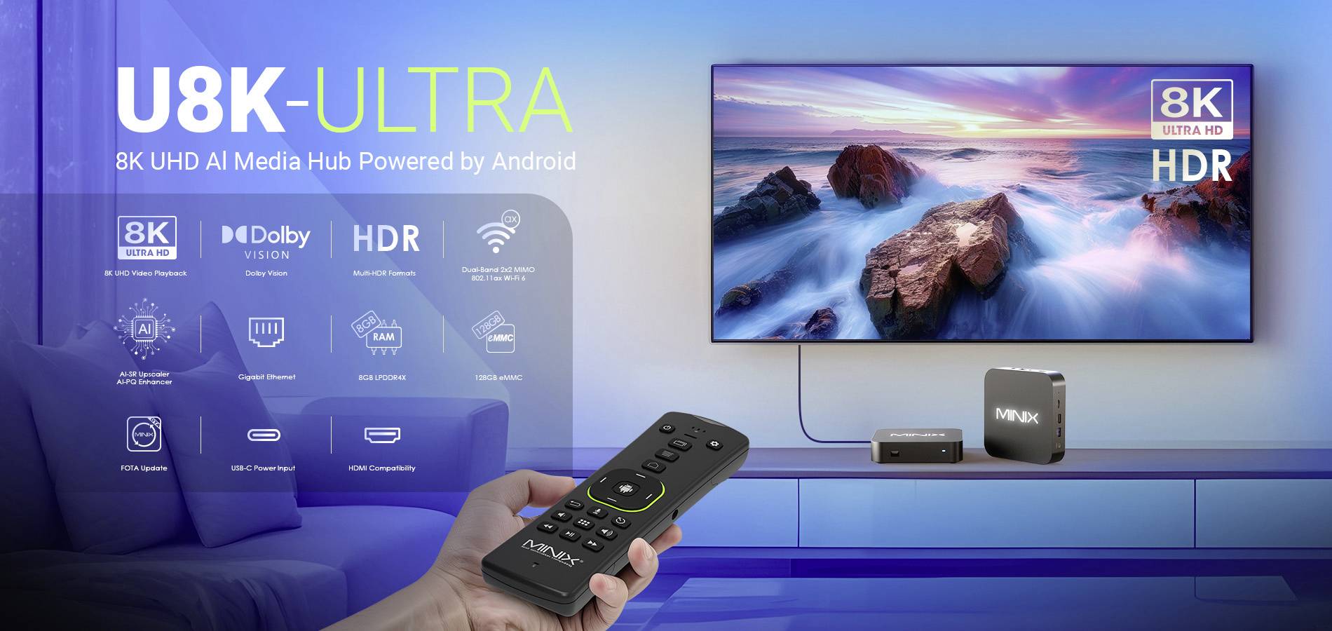 A living room with a large television mounted on the wall displaying a nature scene. In the foreground, a hand is holding a remote control. Text on the screen: 'U8K-ULTRA 8K UHD'.