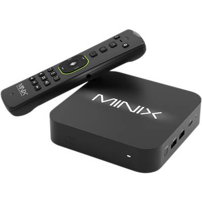 Black Minix streaming box and remote control. Box displays Minix logo, offers USB ports and is designed for media playback.