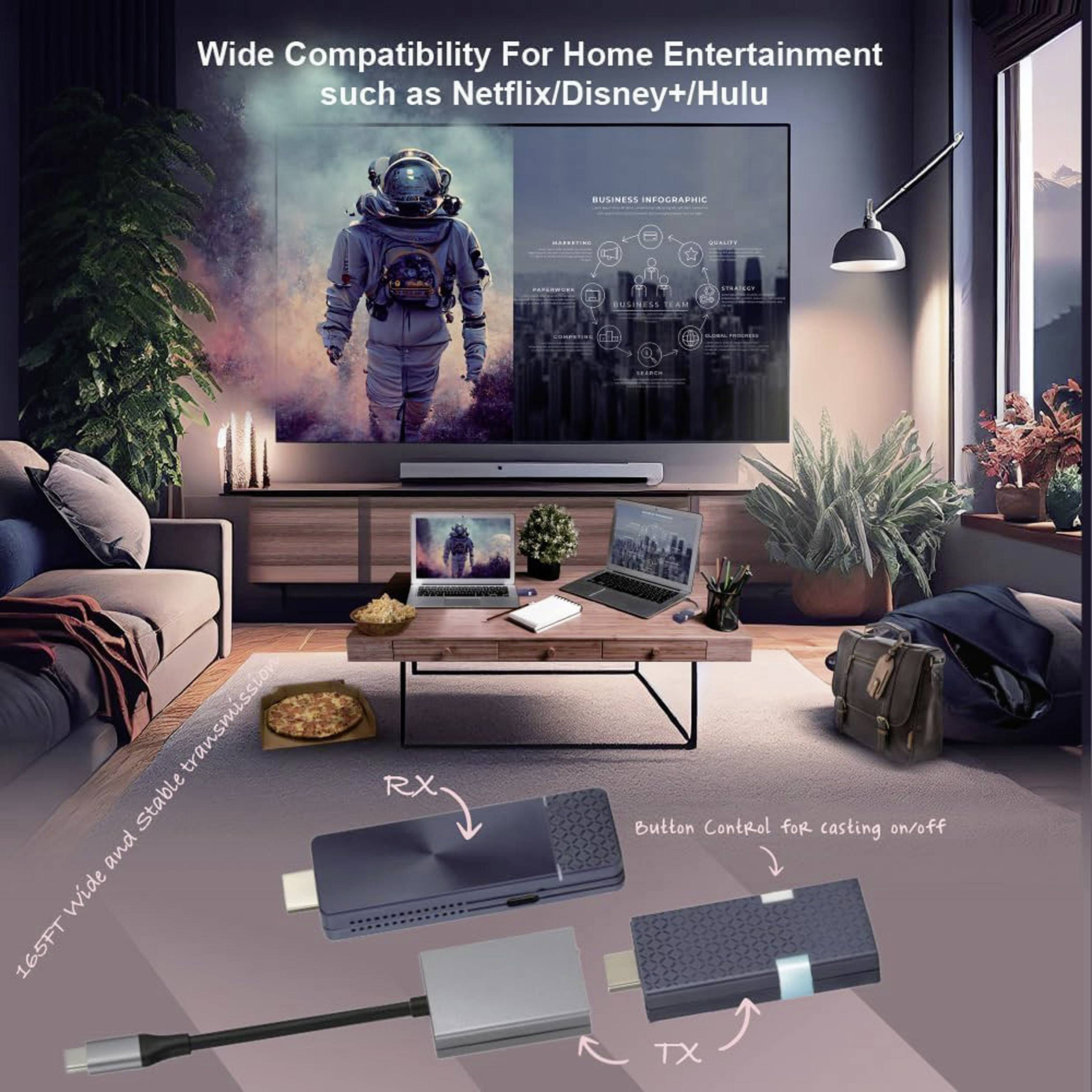Example of a living room with sofa, table and plants. Multiple screens display streaming services. Text indicates compatibility with Netflix and similar services.