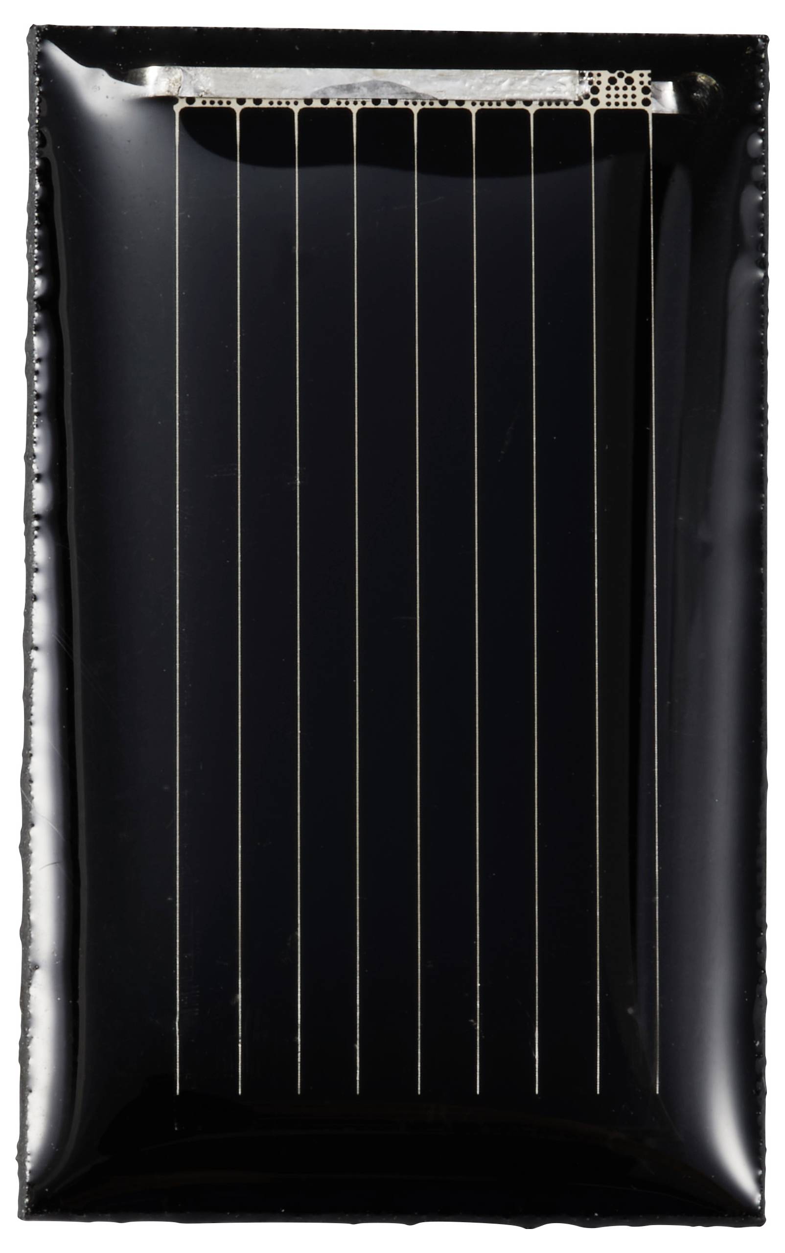 A black, rectangular panel with thin vertical lines extending across its entire length. Small metal components are located at the top.