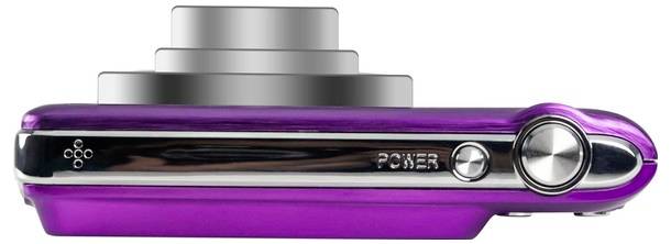 Silver and purple digital camera viewed from the side, with the lens prominently highlighted and a clear power button.