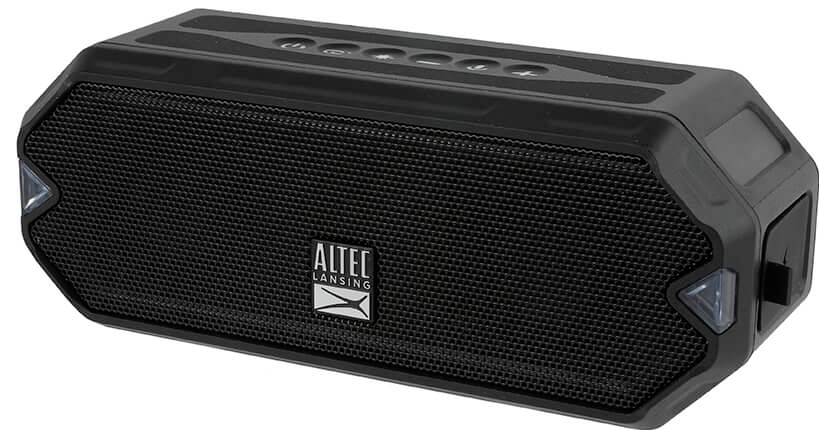 Black portable speaker by Altec Lansing with rectangular shape and control buttons on top, suitable for music streaming.