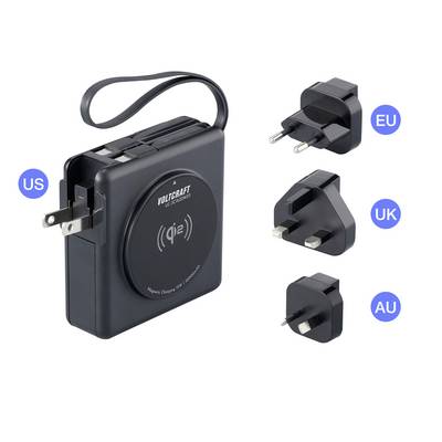 Travel charger with interchangeable plugs for US, EU, UK and AU. Compatible with various power socket standards worldwide.