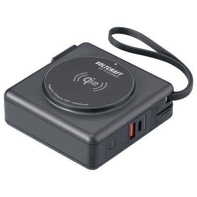 Compact black wireless charger with 'Voltcraft' print, Qi symbol, one USB port and an LED indicator on the side.