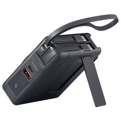 External black power bank with two USB ports, a USB-C port, a side power button, and a carry strap.