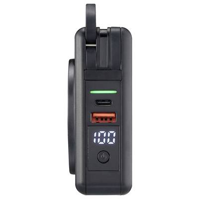 Black portable charger with digital display showing '100', USB ports, and green light, indicating full charging capacity.