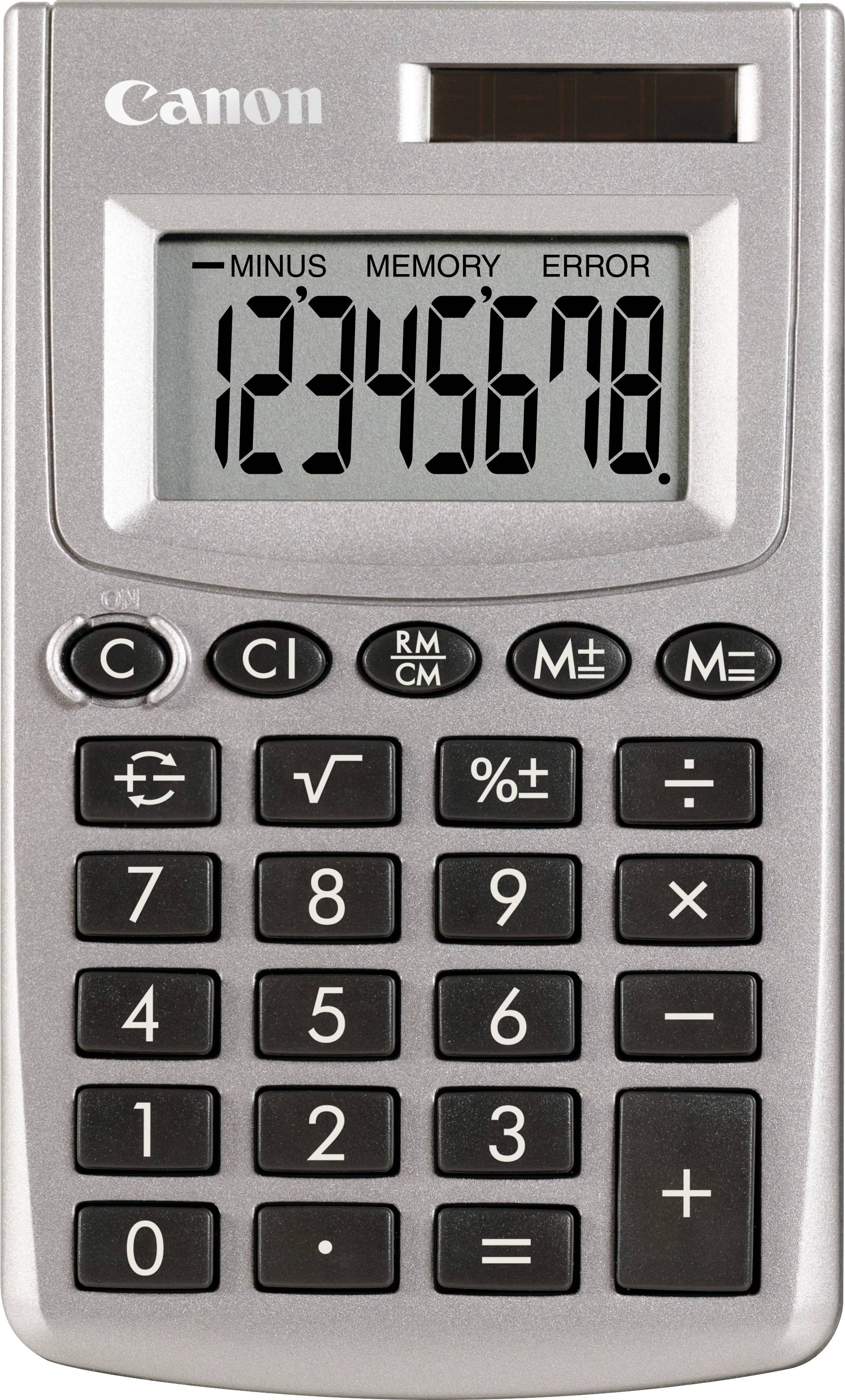 A silver calculator with a solar panel, displaying the numbers '12345678' on the screen. A variety of buttons including numbers and functions.