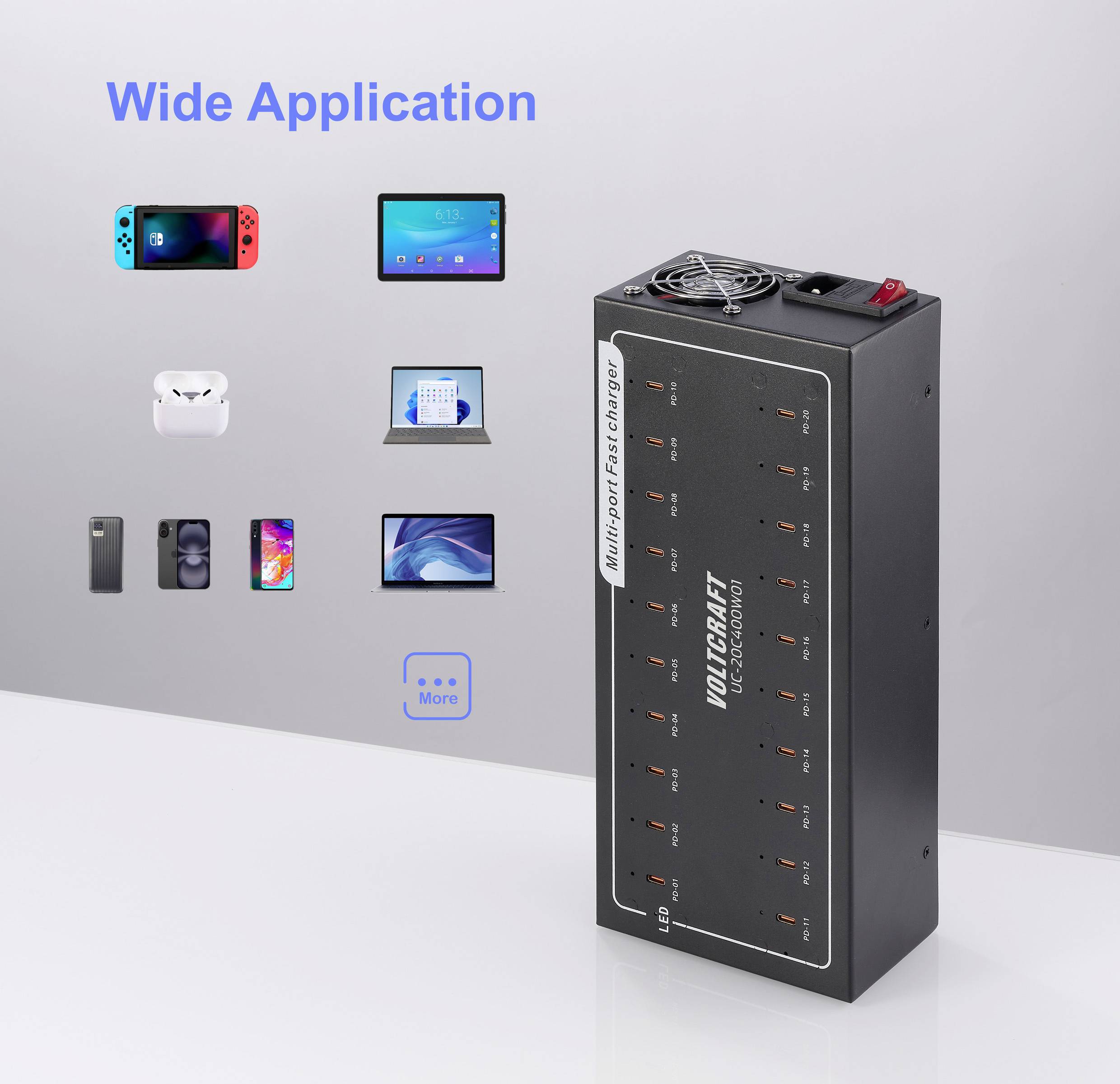 A black multiport fast charger by VOLTCRAFT. At the top are symbols of electronic devices that the charger can charge.