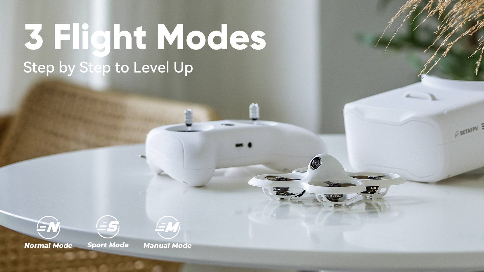 A drone and remote control on a table. Text '3 Flight Modes: Step by Step to Level Up' shows flight modes: Normal, Sport, Manual.