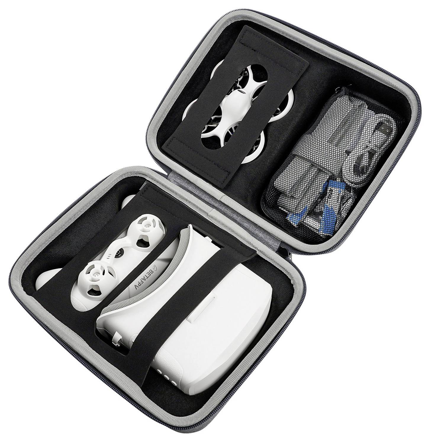 Holdall opened, revealing a small quadcopter, remote control, and accessories. Perfect for secure transportation and storage.