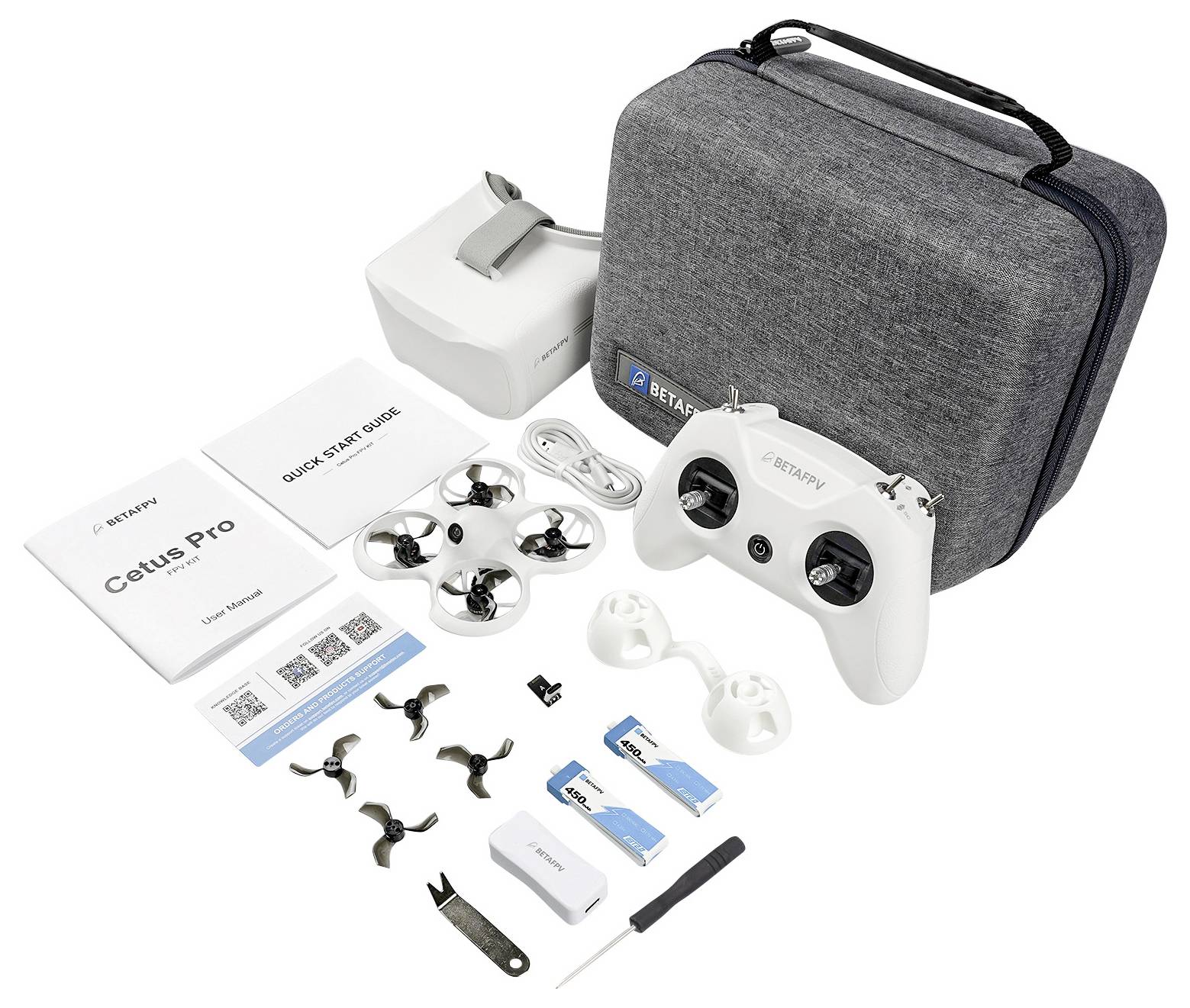 'Drone set with remote control, charging station, batteries, spare propellers and carry case. Suitable for beginners and advanced users.'