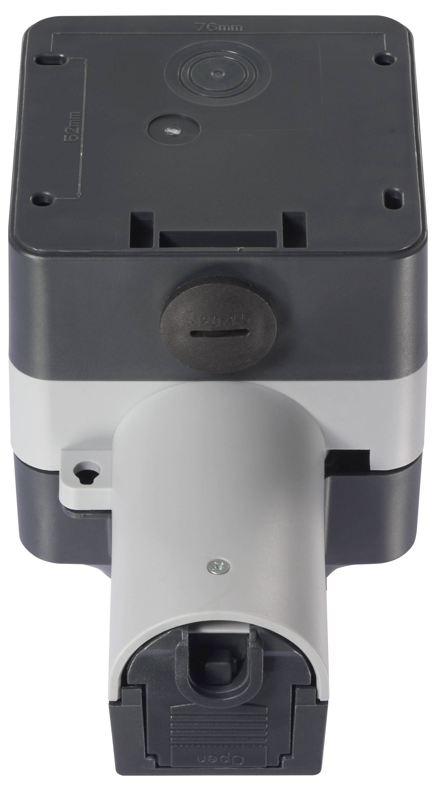 A grey and black device with a rectangular shape and a round element on top, possibly an electronic component.