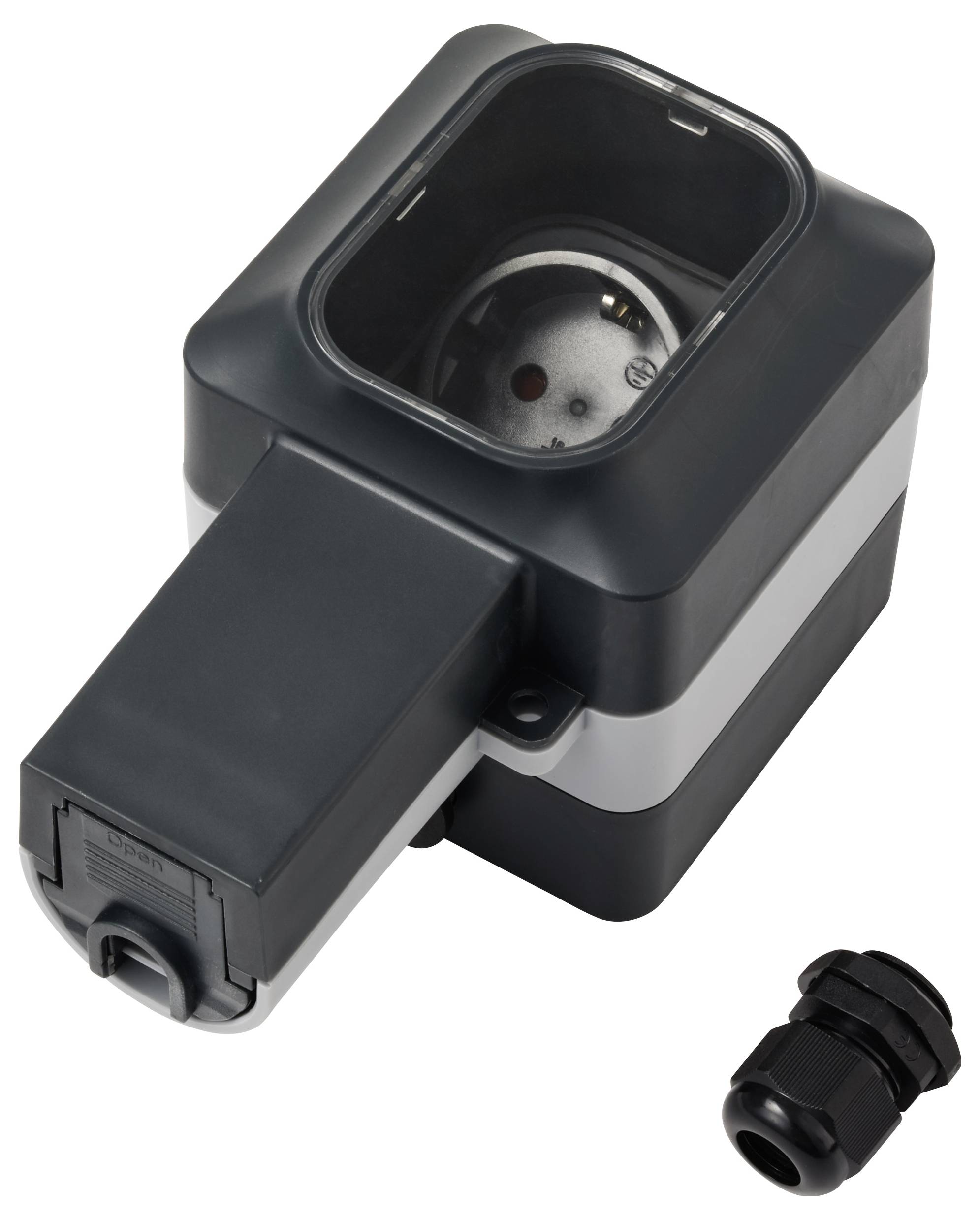 Electrical outdoor socket with a waterproof housing, shown open with a single socket inside. A cable gland is placed nearby.