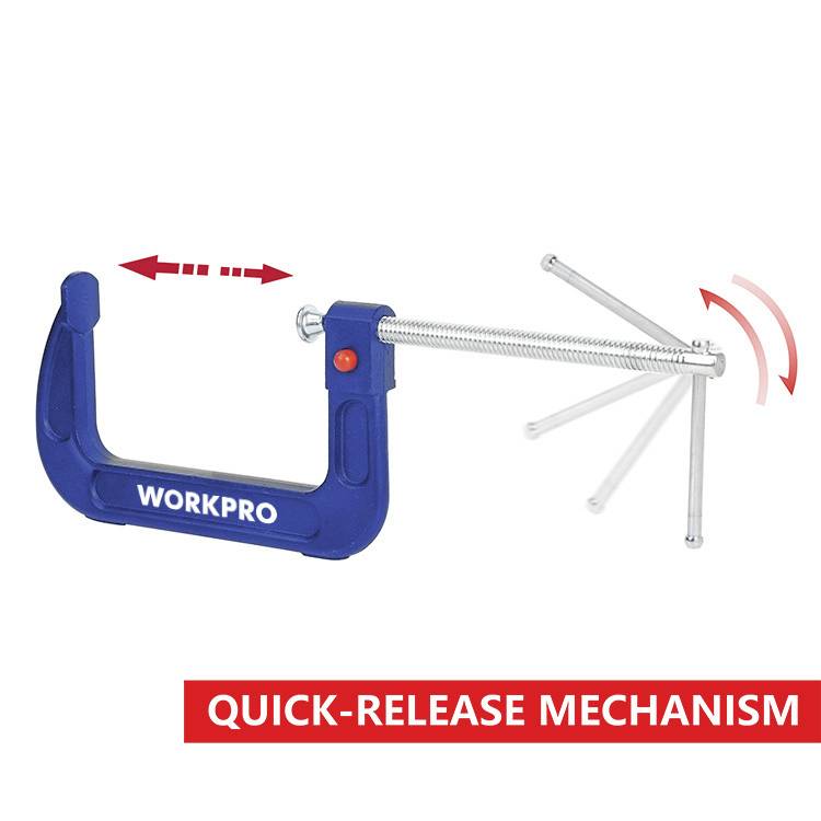 A blue vice with quick-release mechanism, adjustable grip movement via red switch, brand 'WORKPRO'.