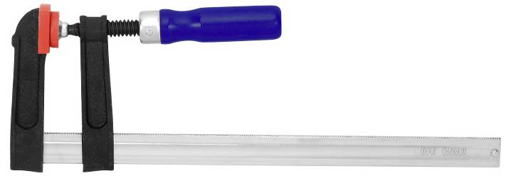 A G-clamp with a blue handle, black frame and silver metal bar, is commonly used for securing workpieces.