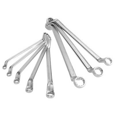 A collection of eight silver ring keys in various sizes, arranged in a fan-like configuration.