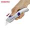 A hand is holding a silver retractable blade utility knife. A red arrow indicates the blade movement. Brand: 'WORKPRO'.