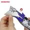 A person is holding a utility knife, opening it to change the blade. A magnet attracts the blade. The 'WORKPRO' brand is visible.