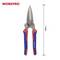 Pictured is a tin snip by WORKPRO, 8 inches (207 mm) in size, with red and blue handles.