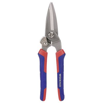 Metal shears with blue and red handles, suitable for cutting thick metal plates; robust design for craftwork.