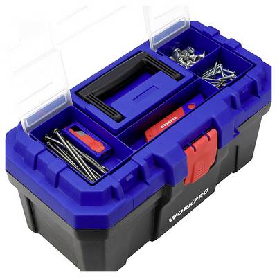 Blue toolbox with multiple compartments, filled with screws, screwdrivers, and other tools.