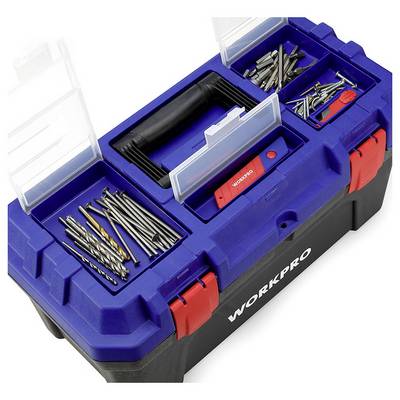 A blue toolbox with two compartments full of drills and bits, and a handle in the middle. Marked with 'WORKPRO'.