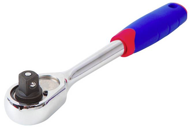 A ratchet spanner with a blue and red handle, used for tightening or loosening screws and nuts in workshop environments.