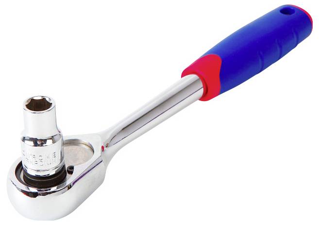 A chrome-plated ratchet with blue and red handle, suitable for mechanical work.